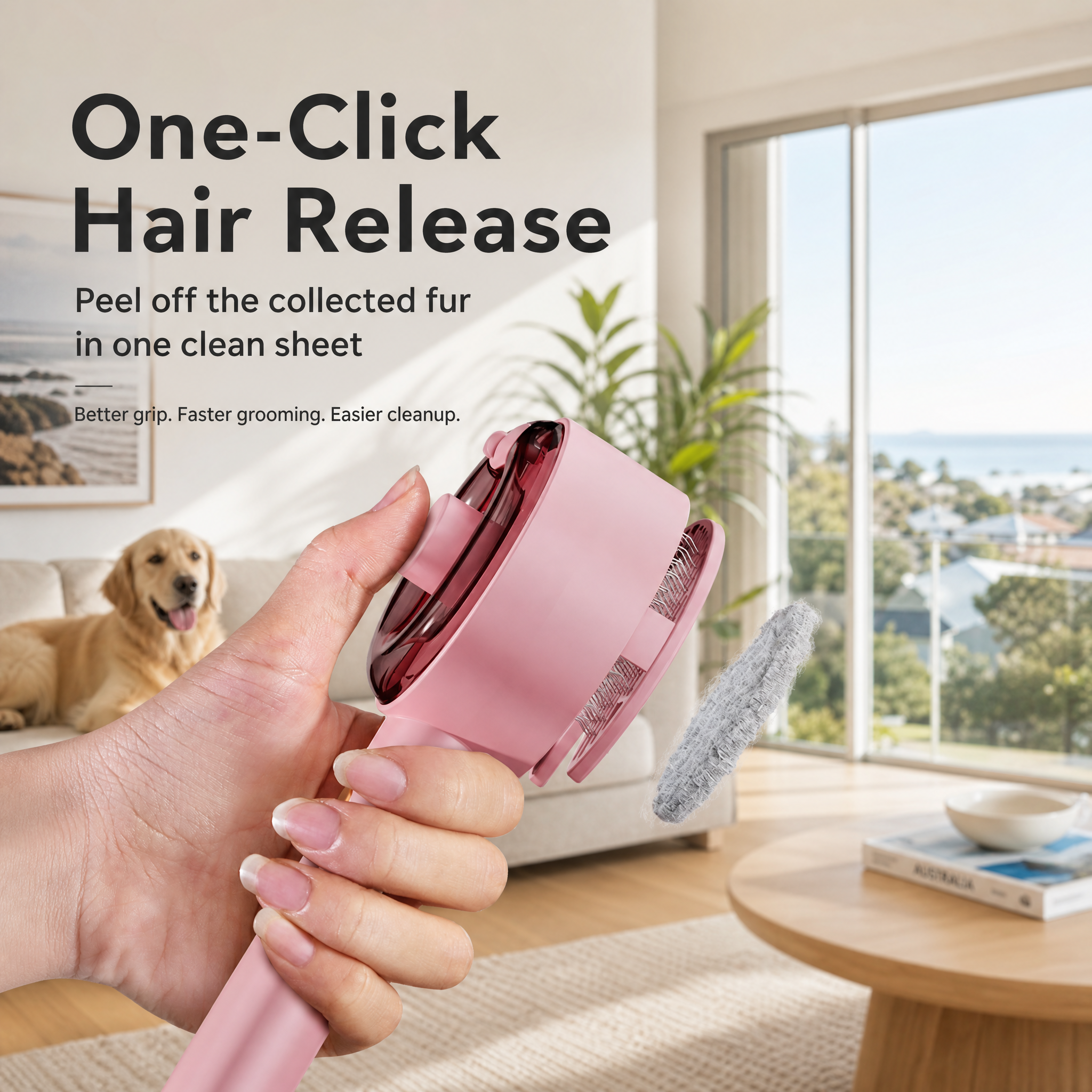 Pink USB Rechargeable Pet Spray Grooming Brush for Cats and Dogs, Self Cleaning Slicker Brush with Fine Mist, 140° Curved Stainless Steel Pins, One Click Hair Release, 300mAh Battery