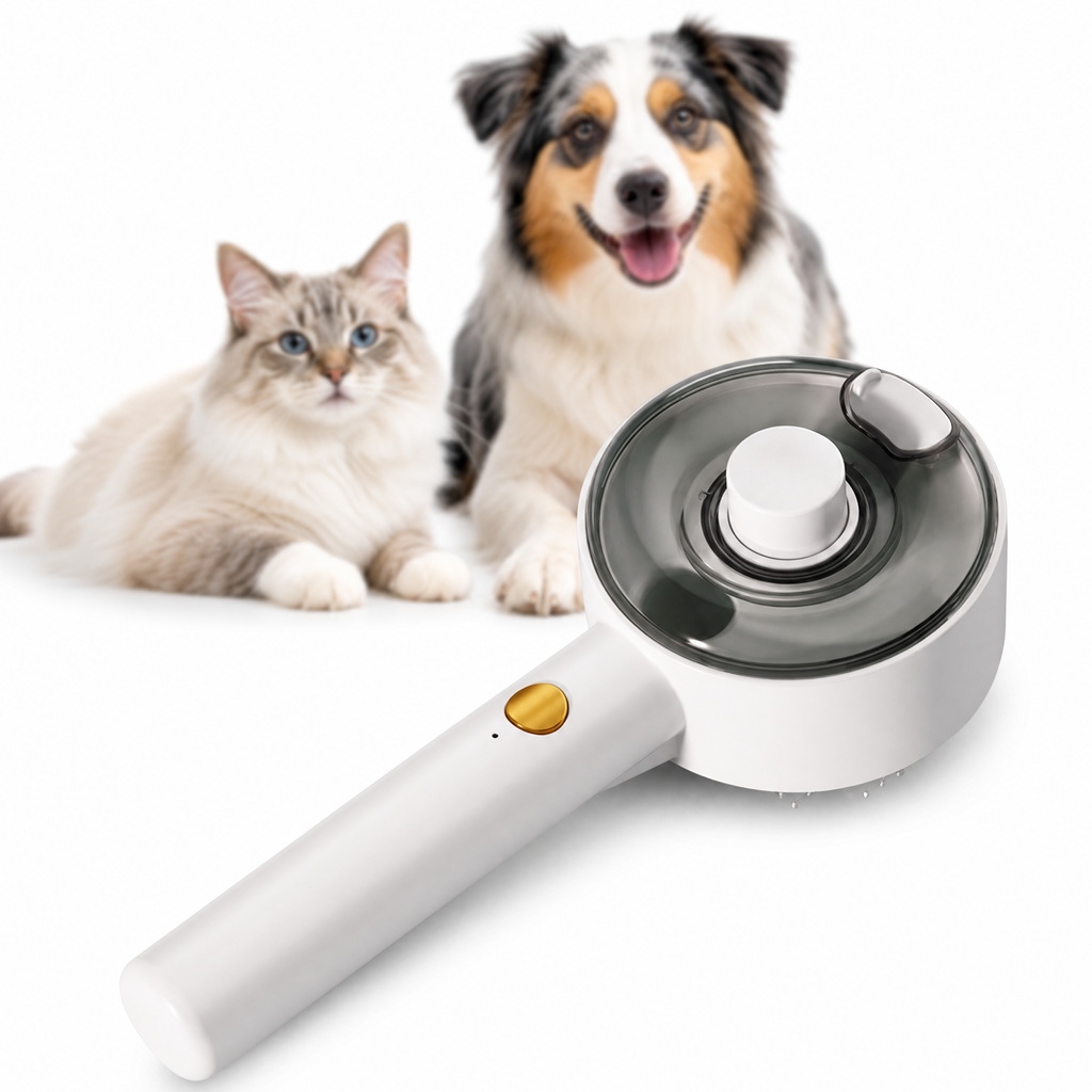 White USB Rechargeable Pet Spray Grooming Brush for Cats and Dogs, Self Cleaning Slicker Brush with Fine Mist, 140° Curved Stainless Steel Pins, One Click Hair Release, 300mAh Battery