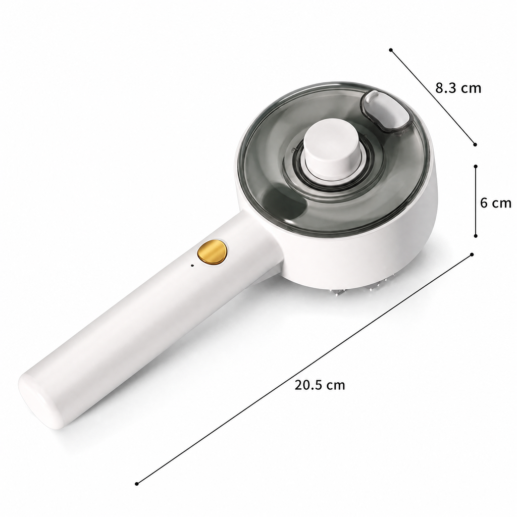White USB Rechargeable Pet Spray Grooming Brush for Cats and Dogs, Self Cleaning Slicker Brush with Fine Mist, 140° Curved Stainless Steel Pins, One Click Hair Release, 300mAh Battery