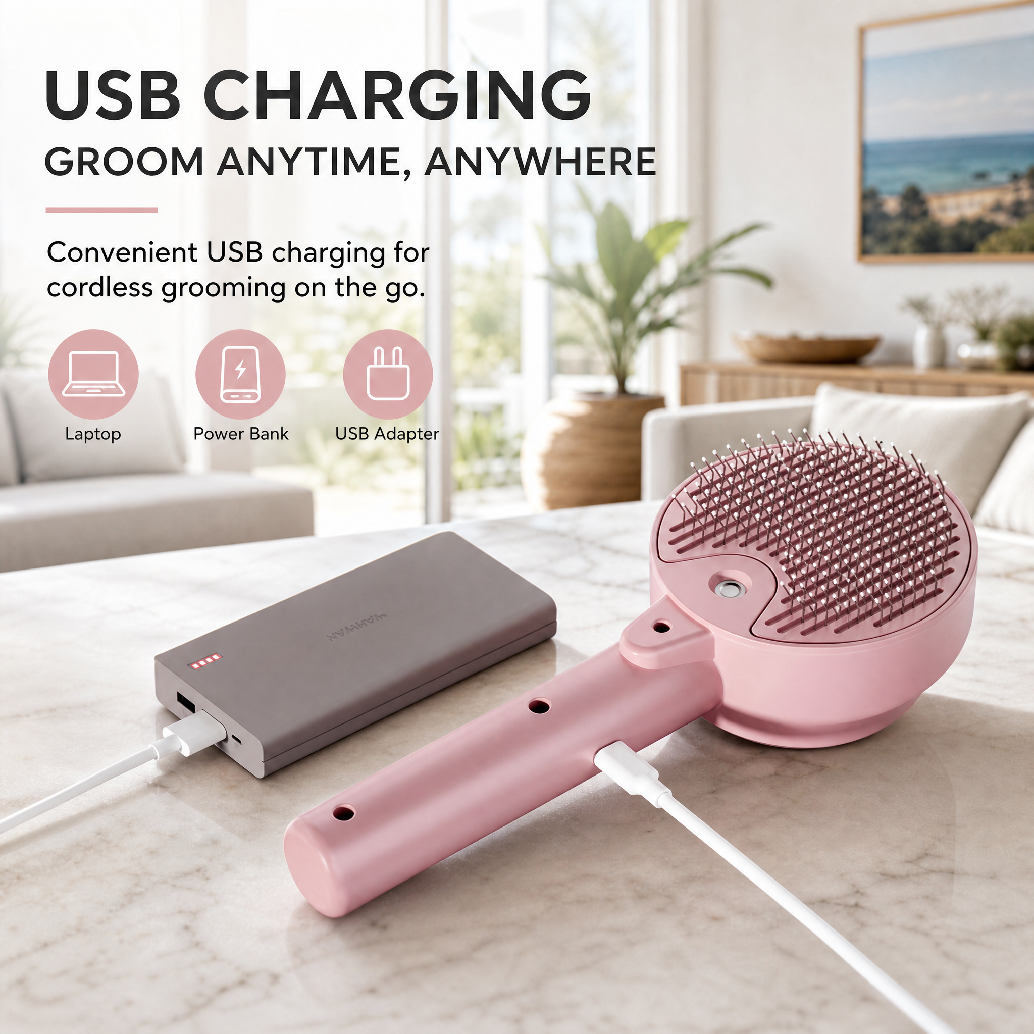White USB Rechargeable Pet Spray Grooming Brush for Cats and Dogs, Self Cleaning Slicker Brush with Fine Mist, 140° Curved Stainless Steel Pins, One Click Hair Release, 300mAh Battery