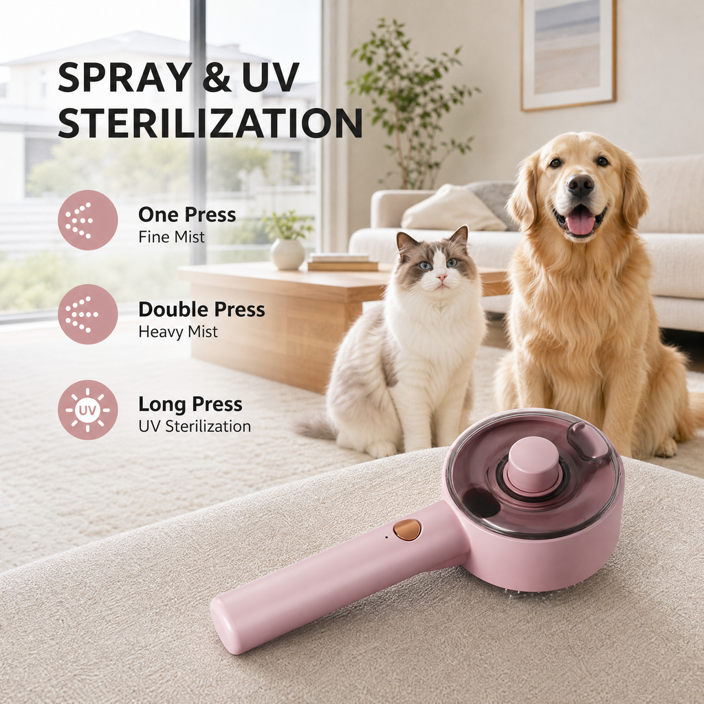 White USB Rechargeable Pet Spray Grooming Brush for Cats and Dogs, Self Cleaning Slicker Brush with Fine Mist, 140° Curved Stainless Steel Pins, One Click Hair Release, 300mAh Battery