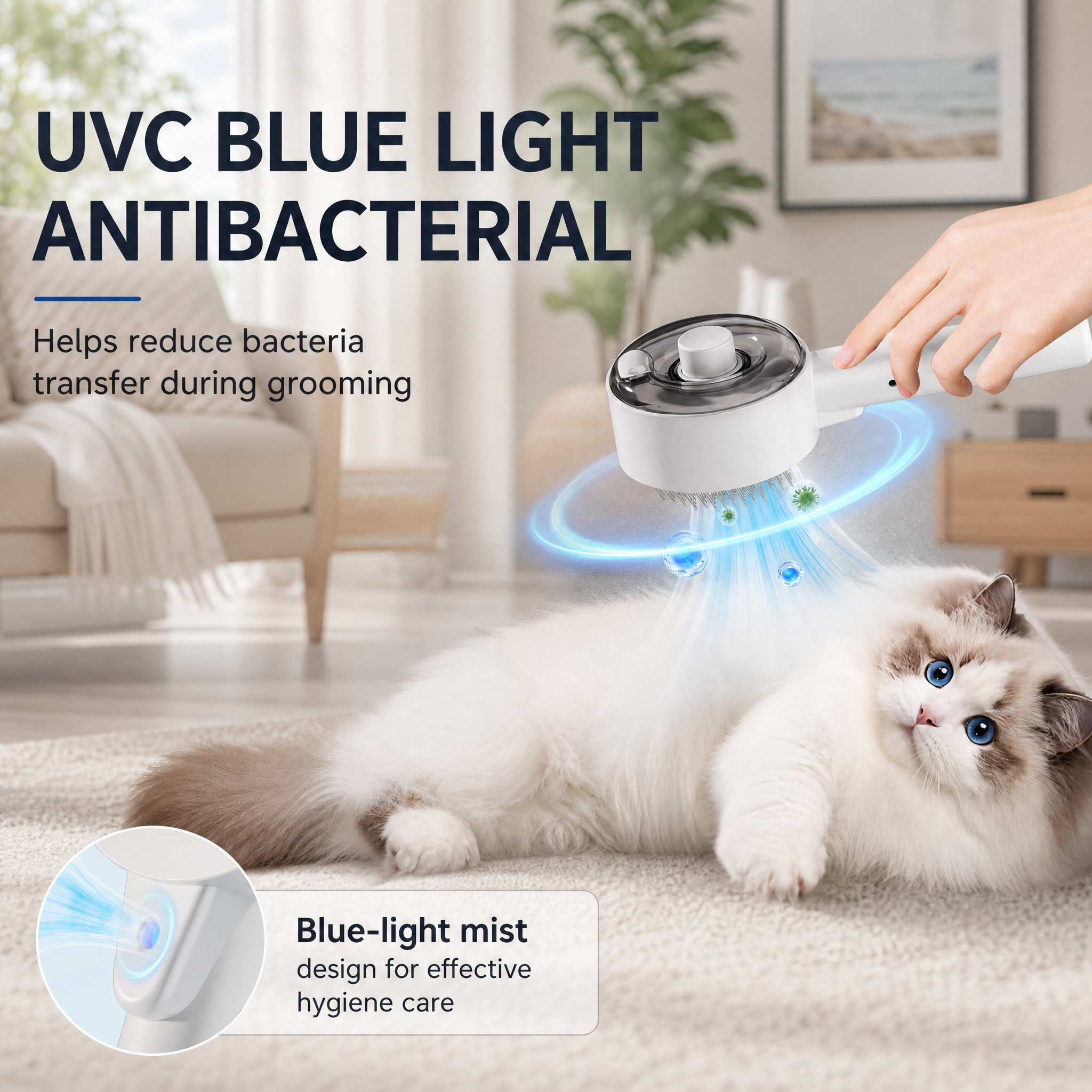 White USB Rechargeable Pet Spray Grooming Brush for Cats and Dogs, Self Cleaning Slicker Brush with Fine Mist, 140° Curved Stainless Steel Pins, One Click Hair Release, 300mAh Battery