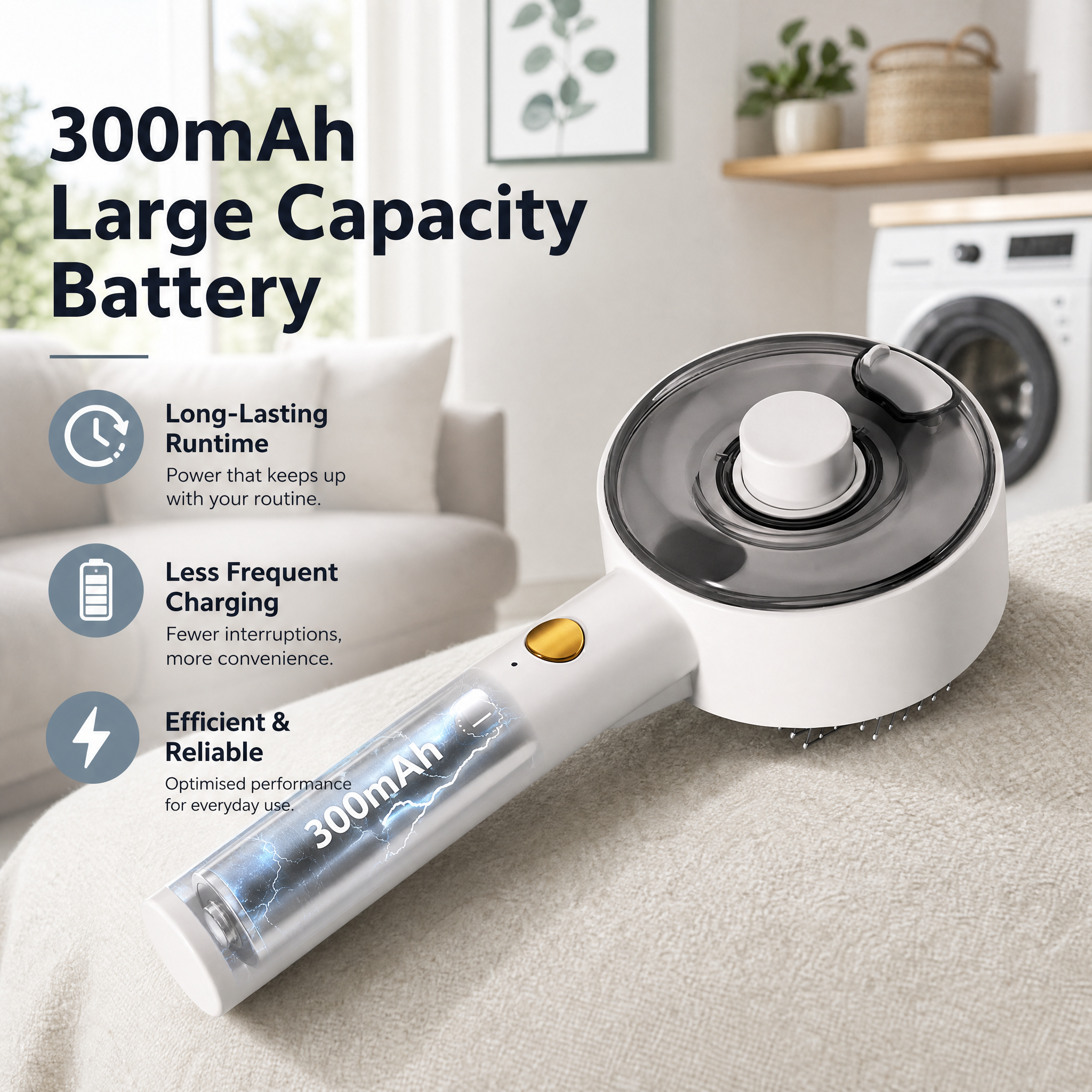 White USB Rechargeable Pet Spray Grooming Brush for Cats and Dogs, Self Cleaning Slicker Brush with Fine Mist, 140° Curved Stainless Steel Pins, One Click Hair Release, 300mAh Battery