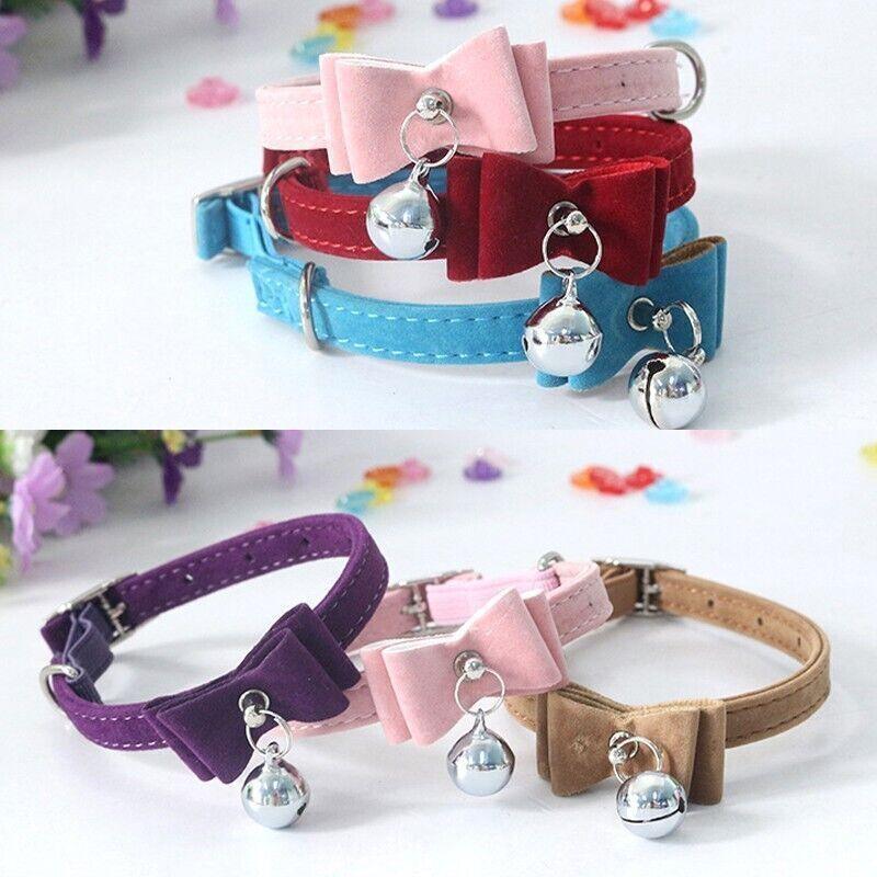 1× Adjustable Suede Cat Collar with Bow Bell Pink Blue Black Red - Dark Red