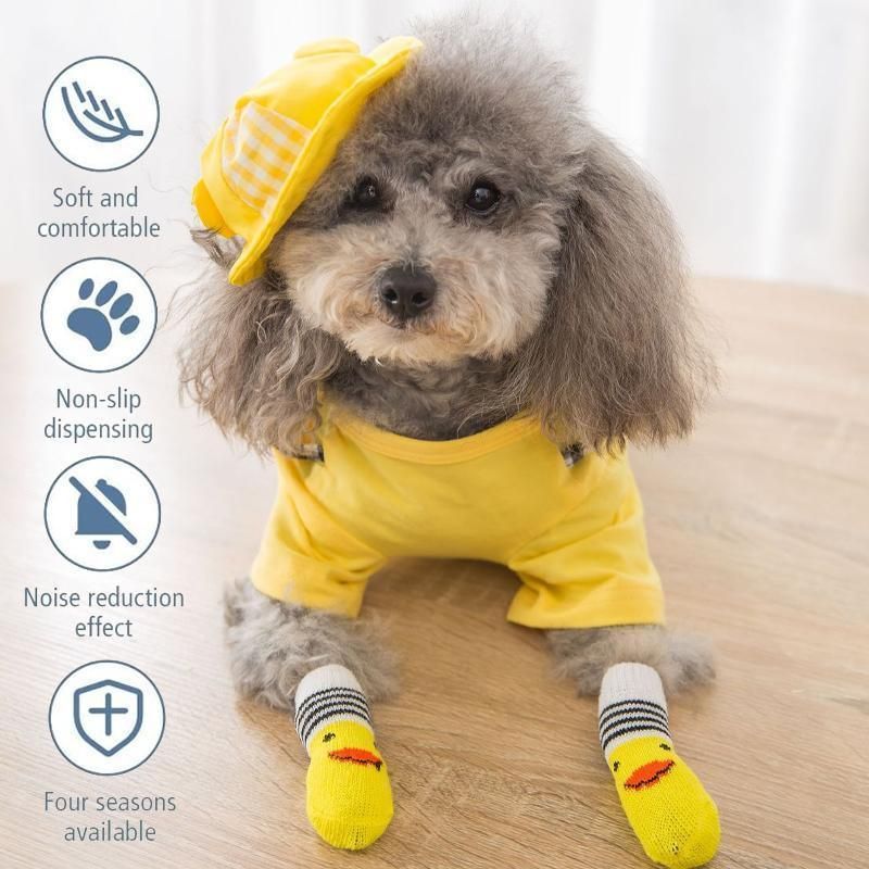 Non Slip Pet Socks for Dogs and Cats Knitted Paw Protector with Grips L Size - Yellow ducklings