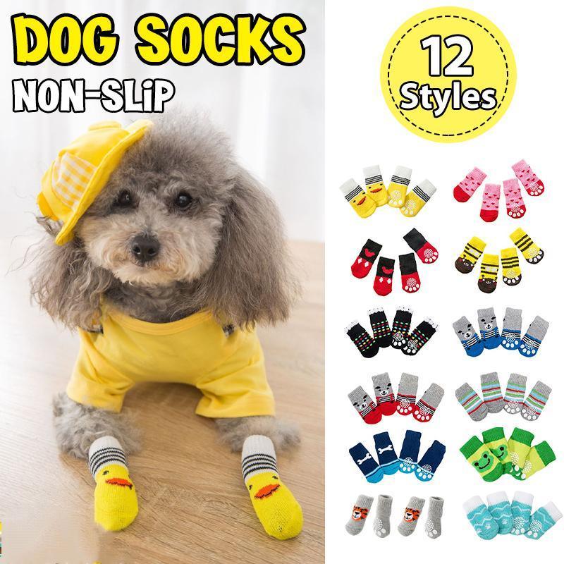 Dog Socks Non-Slip Grip Slip Anti-Slip - Puppy Cat Pet Shoes Slippers M Size - Grey stripes