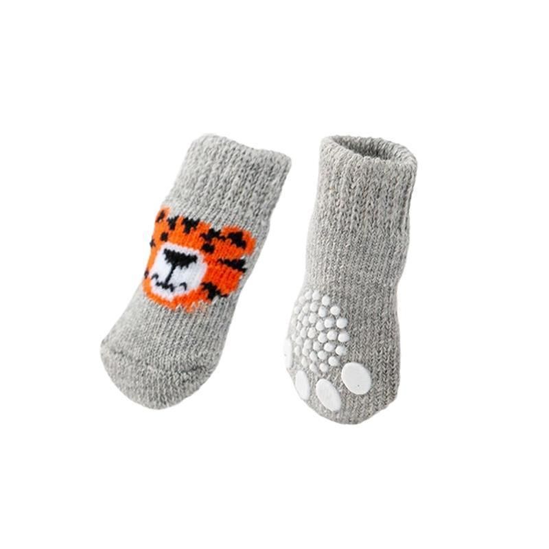 Non Slip Pet Socks for Dogs and Cats Knitted Paw Protector with Grips L Size - Grey tiger