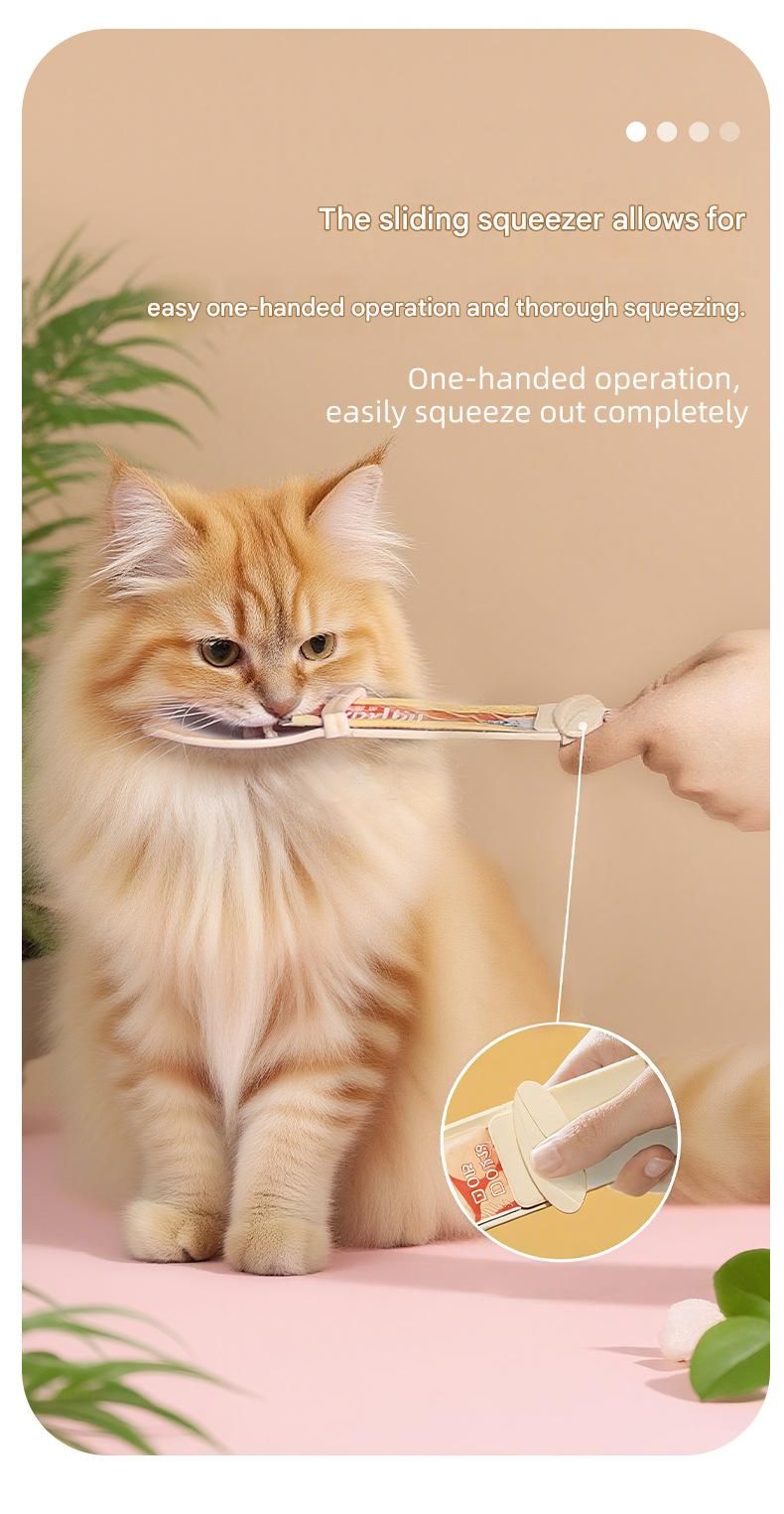 Beige Cat Treat Spoon for Wet Food & Paste - Extra-Long PP Handle, Food-Grade Squeeze Feeder with Anti-Spill Bowl, Easy One-Handed Operation for Cats