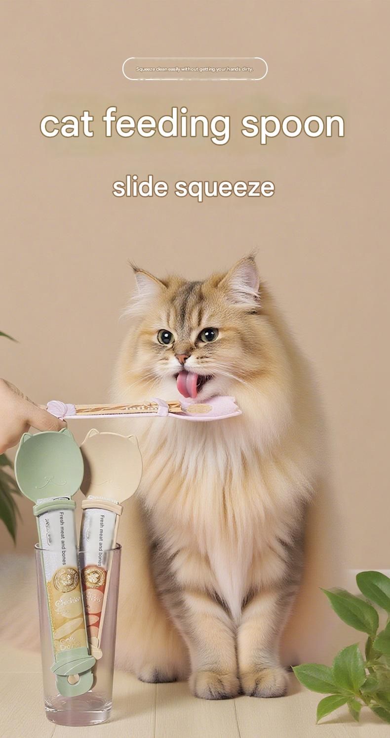 Purple Cat Treat Spoon for Wet Food & Paste - Extra-Long PP Handle, Food-Grade Squeeze Feeder with Anti-Spill Bowl, Easy One-Handed Operation for Cats