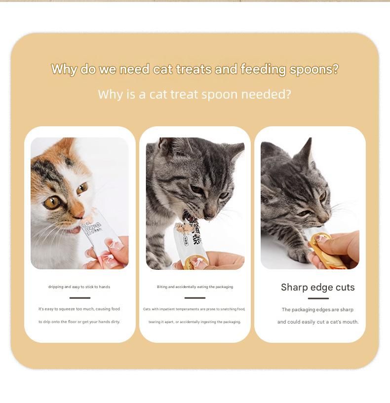 Purple Cat Treat Spoon for Wet Food & Paste - Extra-Long PP Handle, Food-Grade Squeeze Feeder with Anti-Spill Bowl, Easy One-Handed Operation for Cats